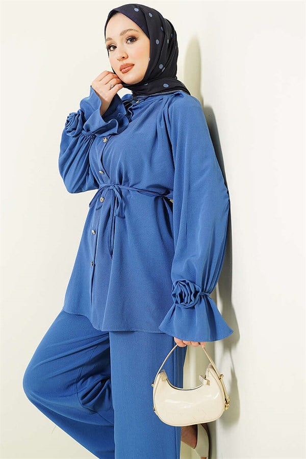 Indigo 2 Piece Set with Rose Detail on Cuff Sleeves