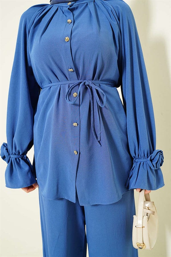 Indigo 2 Piece Set with Rose Detail on Cuff Sleeves