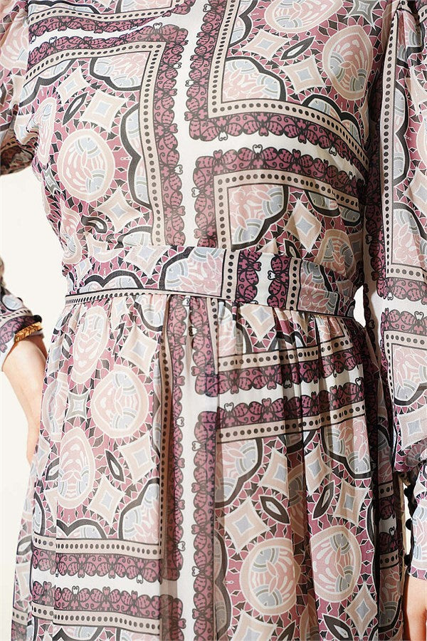 Patterned Chiffon Dress with Cuff Sleeves, Rose Pink