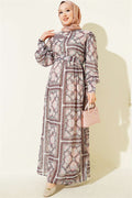Patterned Chiffon Dress with Cuff Sleeves, Rose Pink
