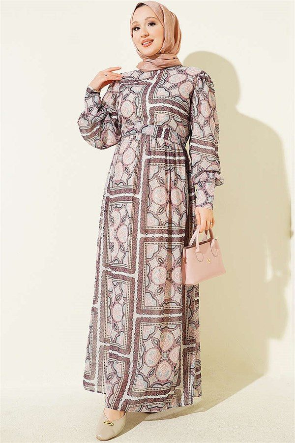 Patterned Chiffon Dress with Cuff Sleeves, Rose Pink