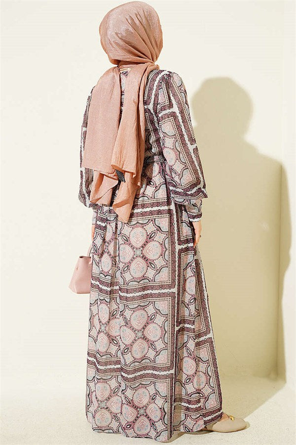 Patterned Chiffon Dress with Cuff Sleeves, Rose Pink