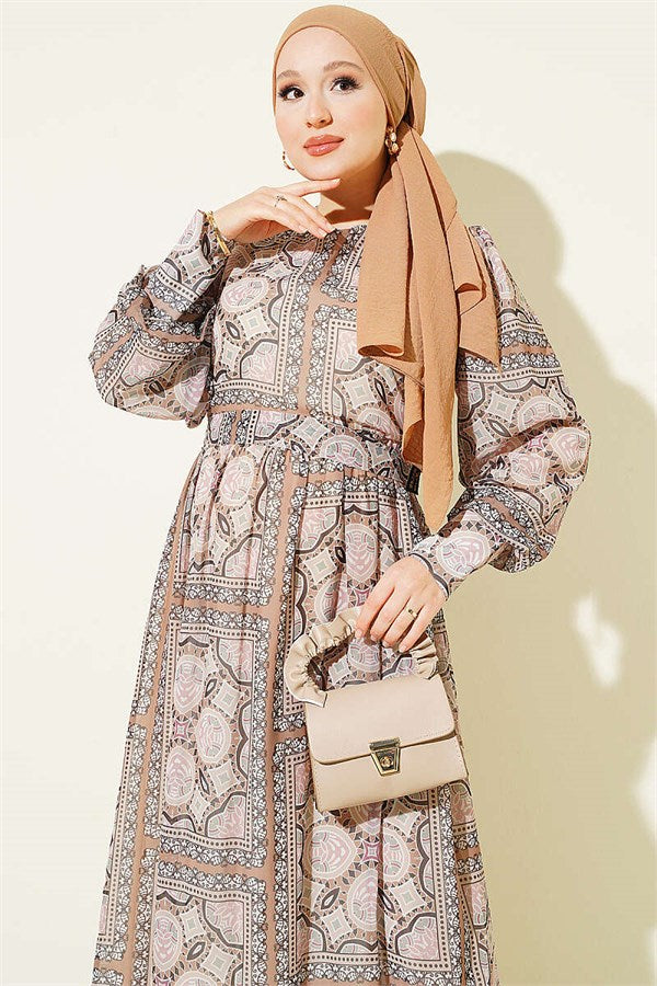 Patterned Chiffon Dress with Sleeve Cuffs, Khaki