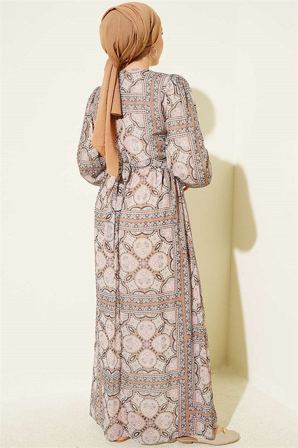 Patterned Chiffon Dress with Sleeve Cuffs, Khaki