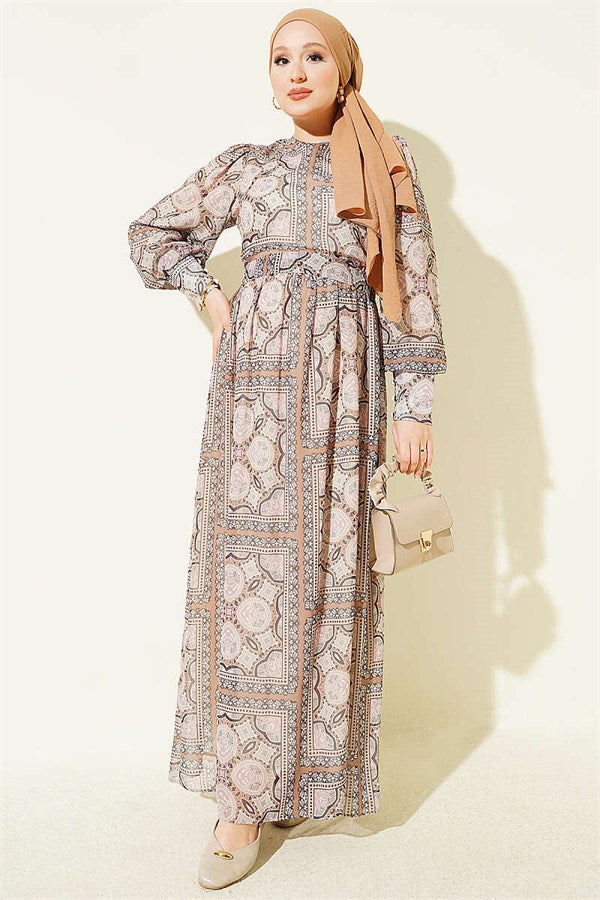 Patterned Chiffon Dress with Sleeve Cuffs, Khaki