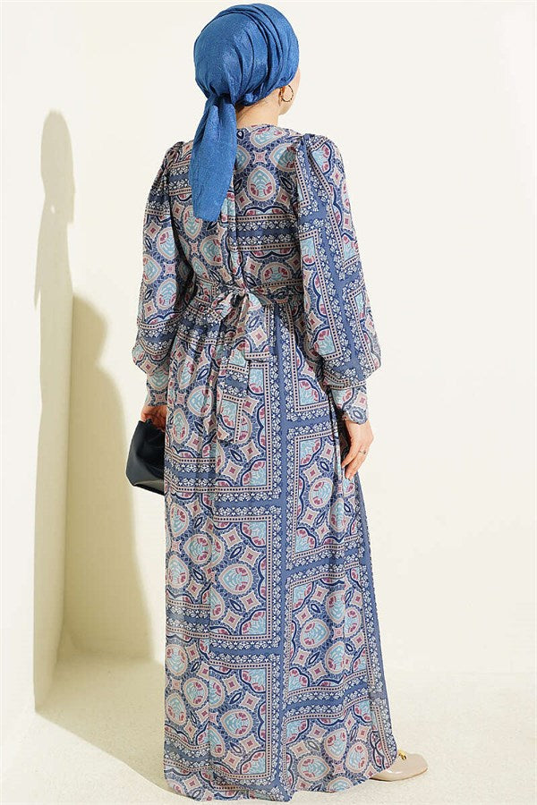 Patterned Chiffon Dress with Cuff Sleeves, Blue