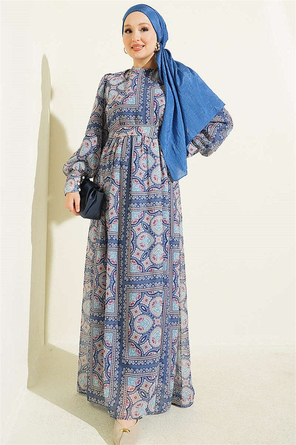 Patterned Chiffon Dress with Cuff Sleeves, Blue