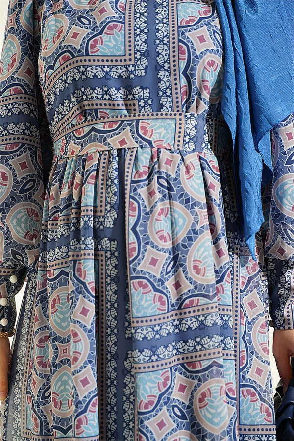 Patterned Chiffon Dress with Cuff Sleeves, Blue
