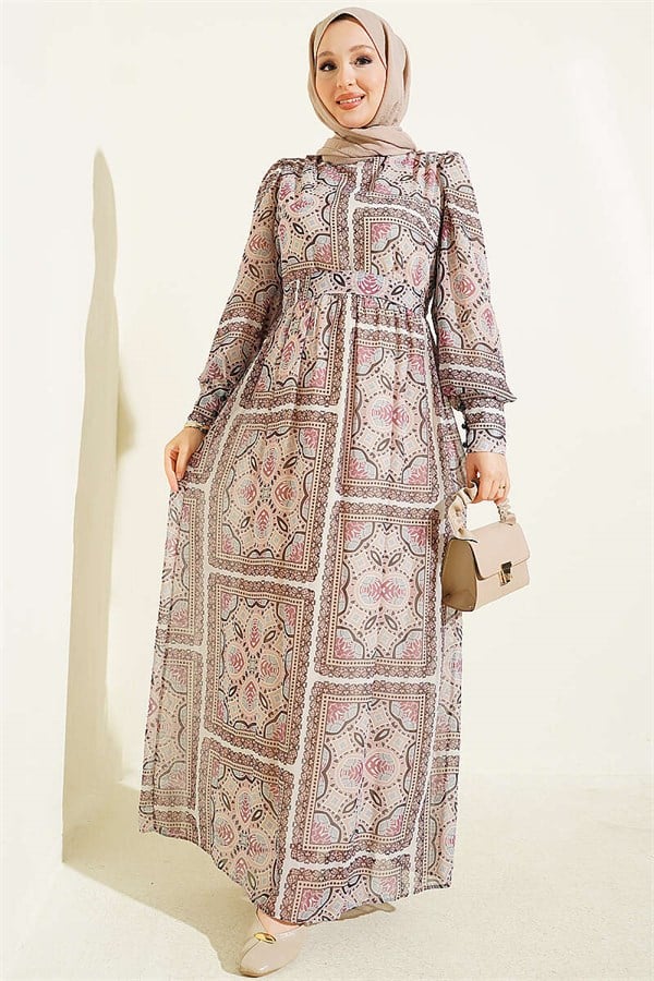 Patterned Chiffon Dress with Cuff Sleeves, Powder Pink