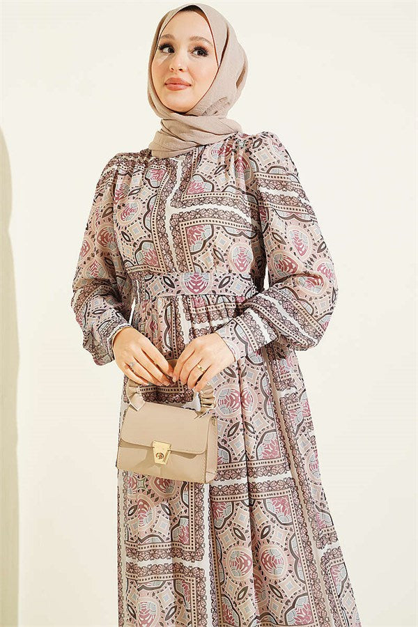Patterned Chiffon Dress with Cuff Sleeves, Powder Pink