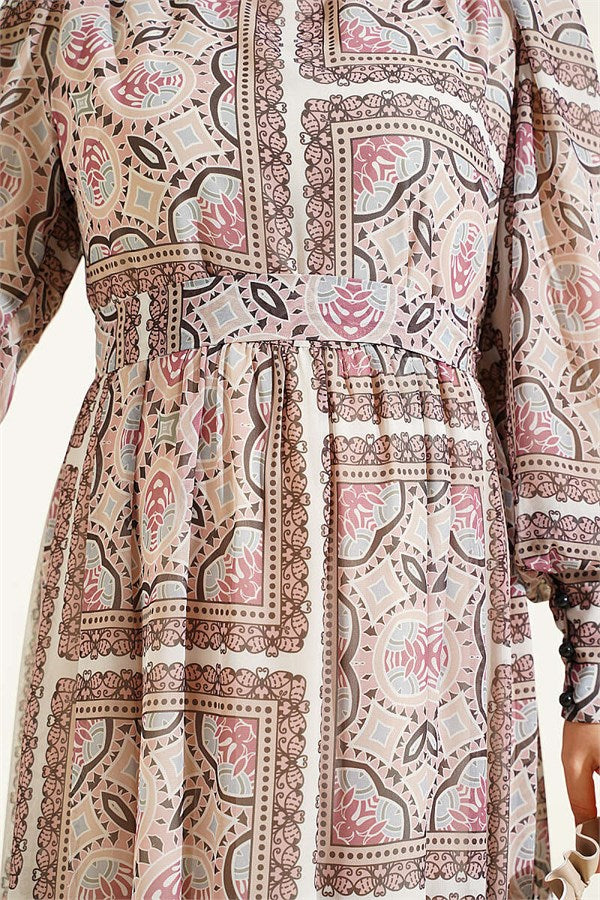 Patterned Chiffon Dress with Cuff Sleeves, Powder Pink