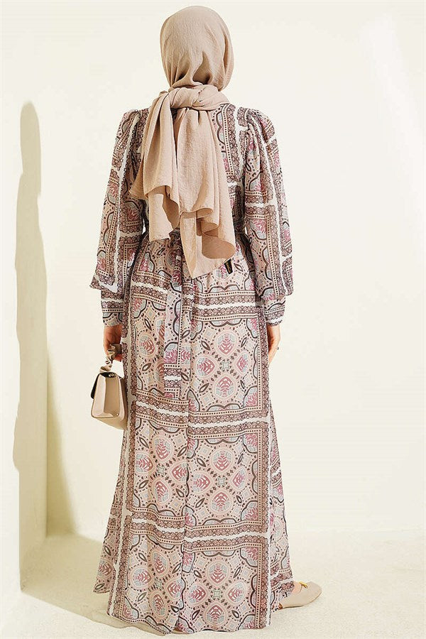 Patterned Chiffon Dress with Cuff Sleeves, Powder Pink