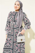 Patterned Chiffon Dress with Cuff Sleeves, Black