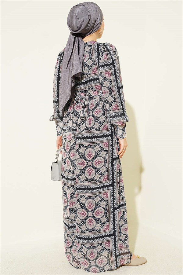 Patterned Chiffon Dress with Cuff Sleeves, Black