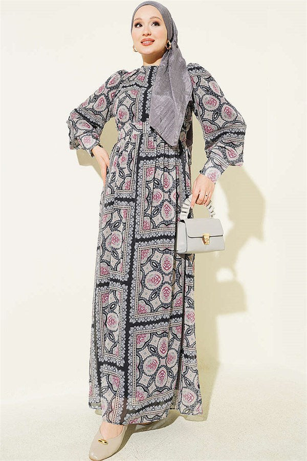 Patterned Chiffon Dress with Cuff Sleeves, Black