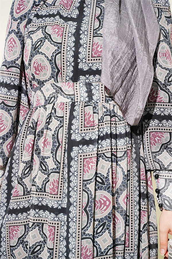 Patterned Chiffon Dress with Cuff Sleeves, Black