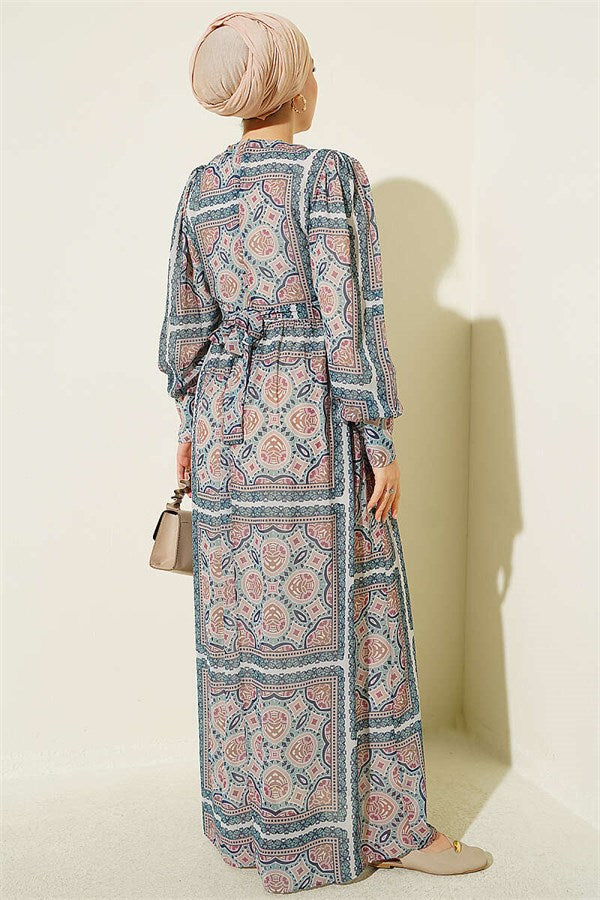Green Patterned Chiffon Dress with Sleeve Cuffs