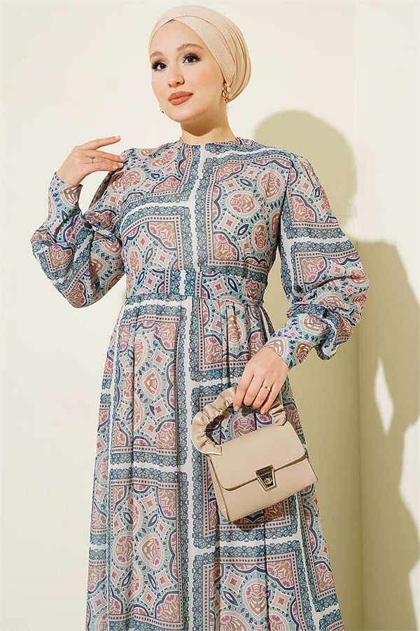 Green Patterned Chiffon Dress with Sleeve Cuffs