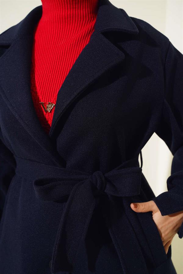 Belted Cashmere Coat with Sleeve Darts, Navy Blue