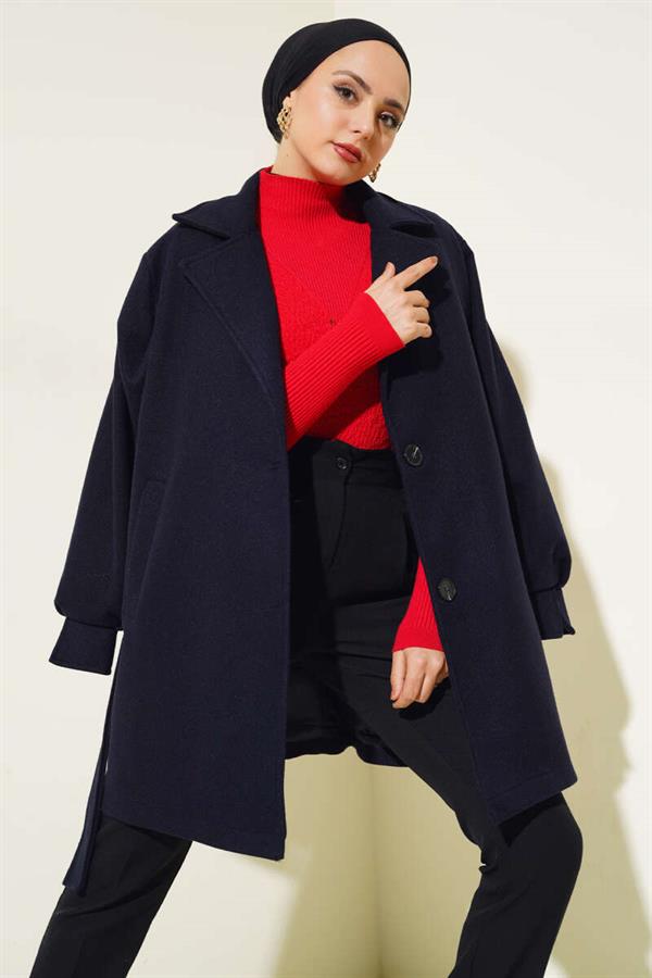 Belted Cashmere Coat with Sleeve Darts, Navy Blue