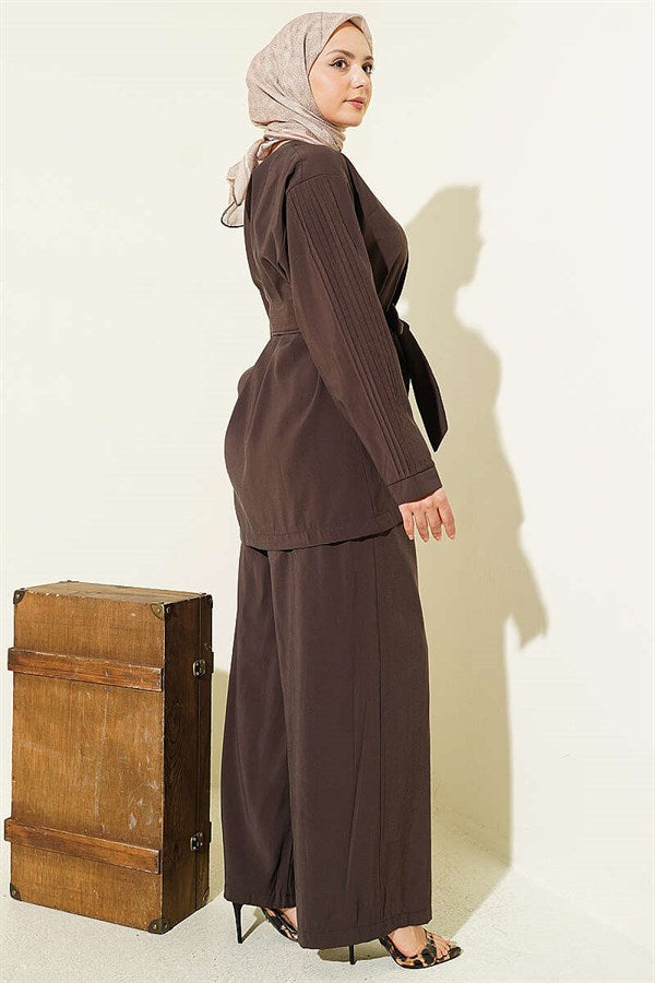 2 Piece Set with Pleated Sleeves and Gold Buttons, Dark Brown