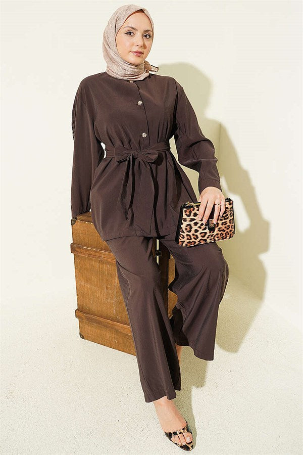 2 Piece Set with Pleated Sleeves and Gold Buttons, Dark Brown