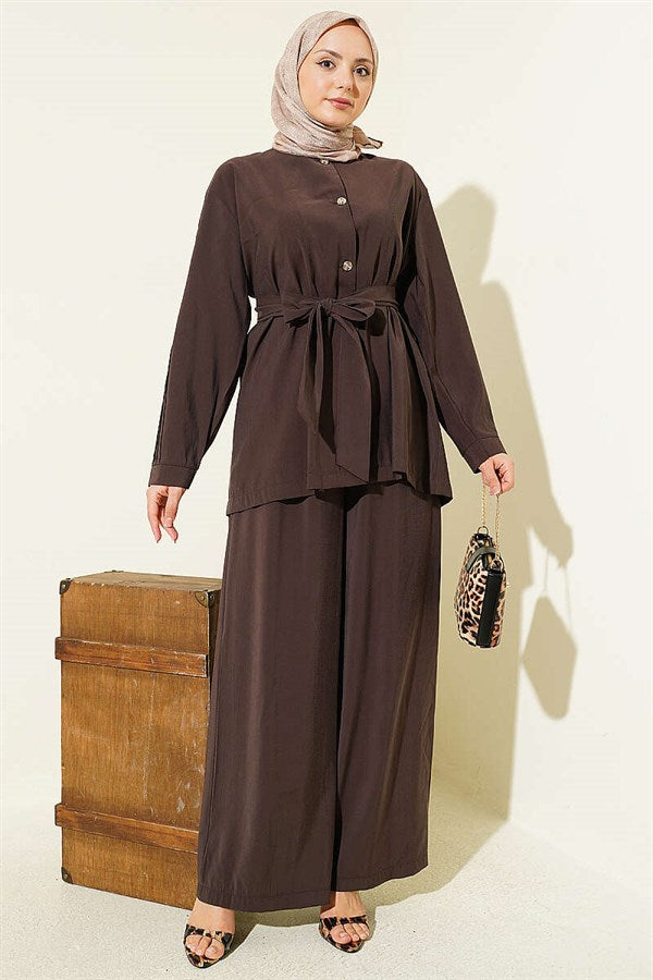2 Piece Set with Pleated Sleeves and Gold Buttons, Dark Brown