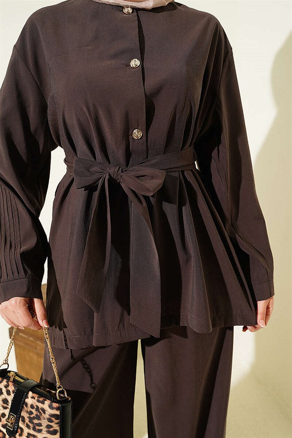 2 Piece Set with Pleated Sleeves and Gold Buttons, Dark Brown
