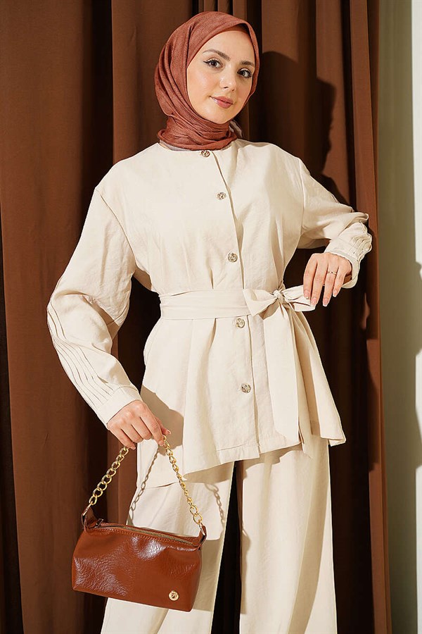 Beige 2 Piece Set with Pleated Sleeves and Gold Buttons