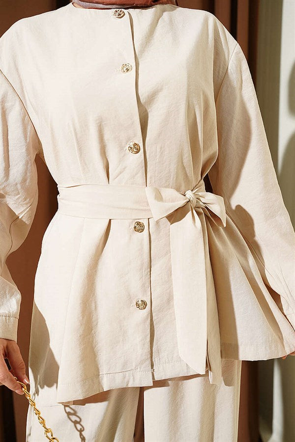 Beige 2 Piece Set with Pleated Sleeves and Gold Buttons