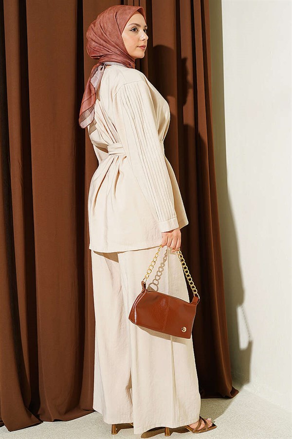 Beige 2 Piece Set with Pleated Sleeves and Gold Buttons