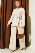 Beige 2 Piece Set with Pleated Sleeves and Gold Buttons
