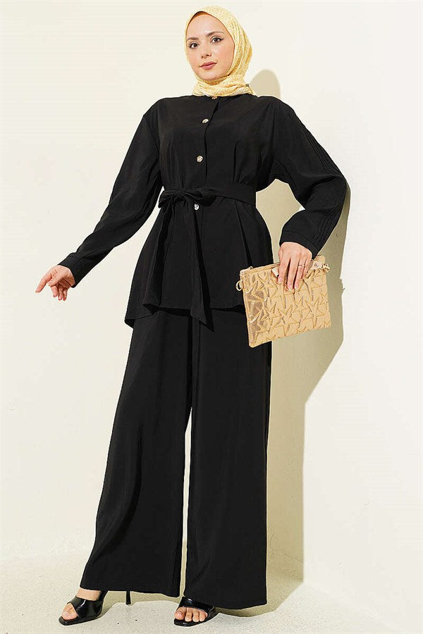 2 Piece Set with Pleated Sleeves and Gold Buttons, Black