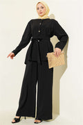 2 Piece Set with Pleated Sleeves and Gold Buttons, Black