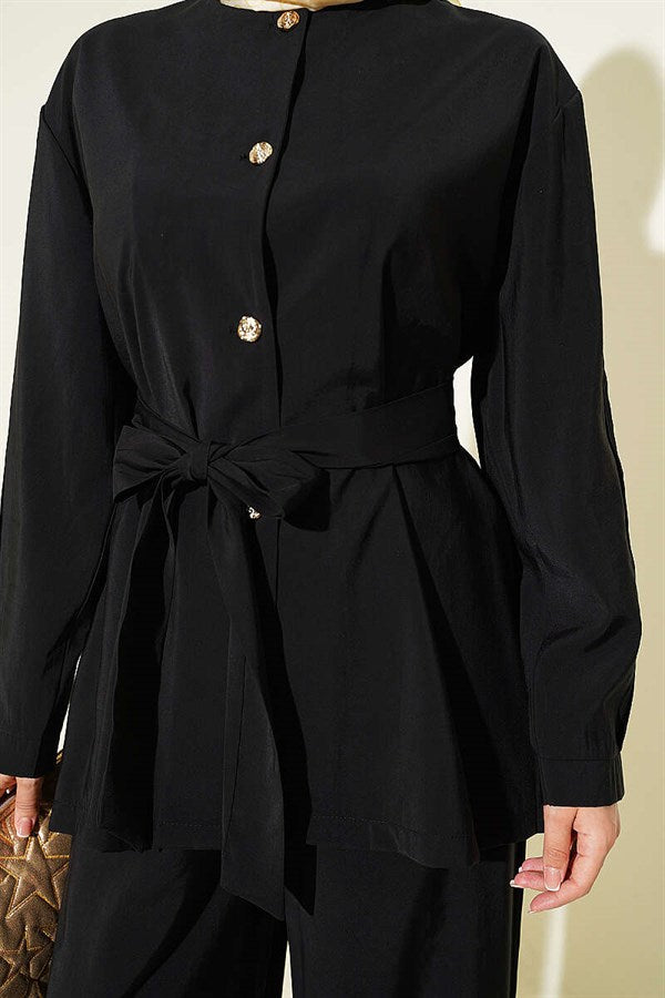 2 Piece Set with Pleated Sleeves and Gold Buttons, Black