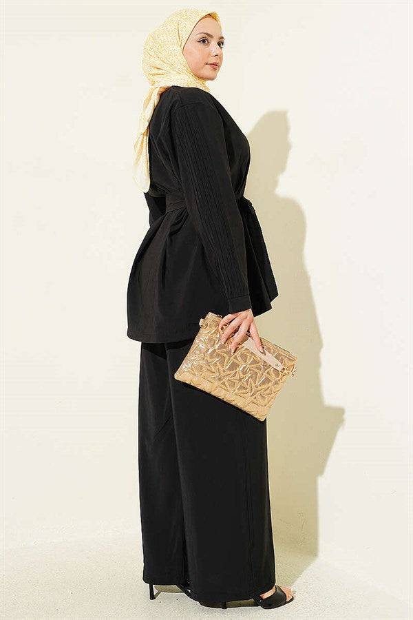 2 Piece Set with Pleated Sleeves and Gold Buttons, Black