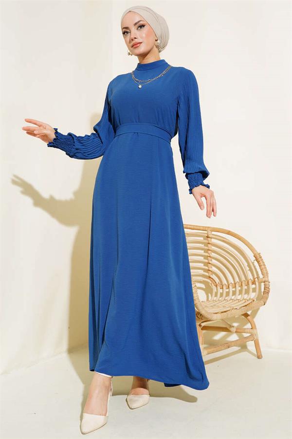 Pleated Sleeve Dress Dark Blue