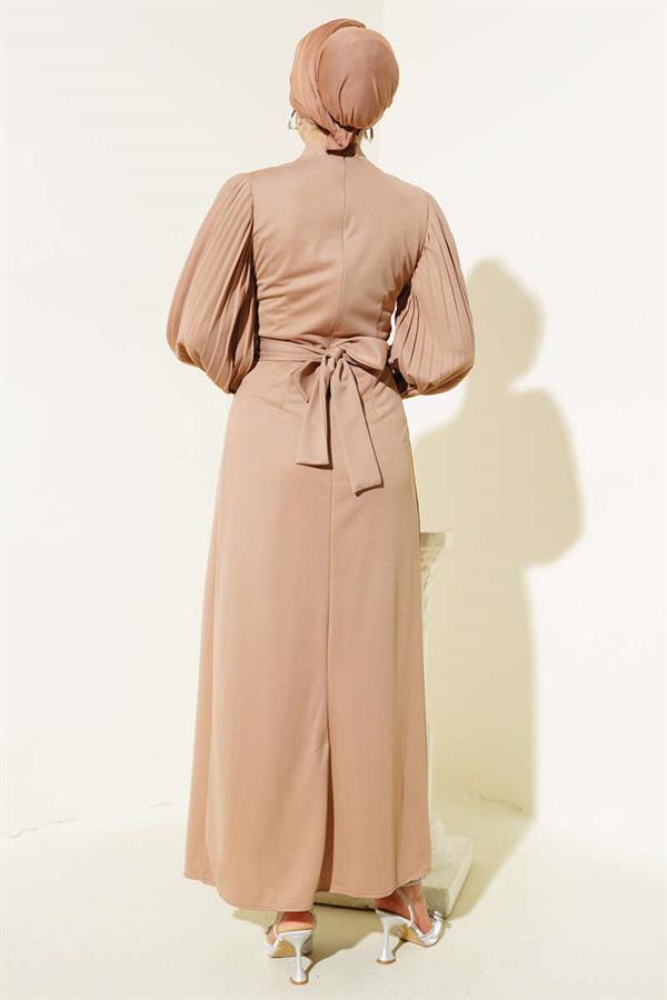 Pleated Sleeve Belted Dress Milky Coffee
