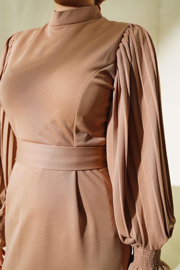 Pleated Sleeve Belted Dress Milky Coffee