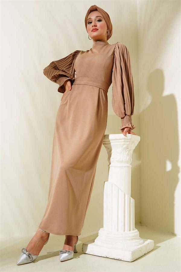 Pleated Sleeve Belted Dress Milky Coffee