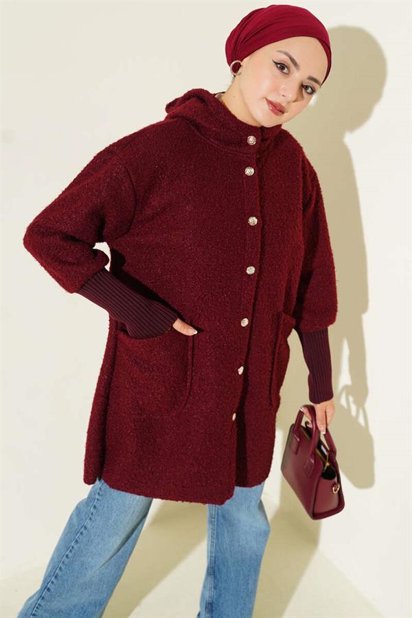 Ribbed Sleeve Hooded Boucle Cape Burgundy
