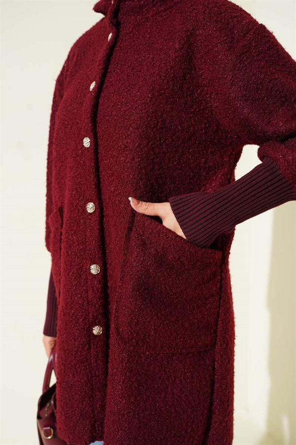 Ribbed Sleeve Hooded Boucle Cape Burgundy