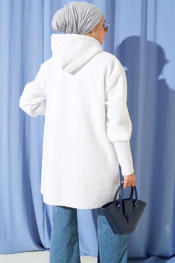 Sleeve Ribbed Hooded Boucle Cape Ecru