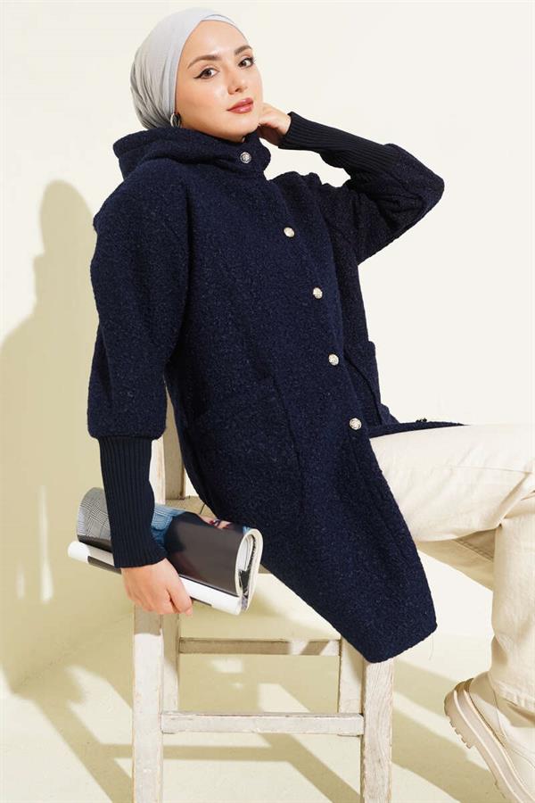 Ribbed Sleeve Hooded Boucle Cape Navy Blue