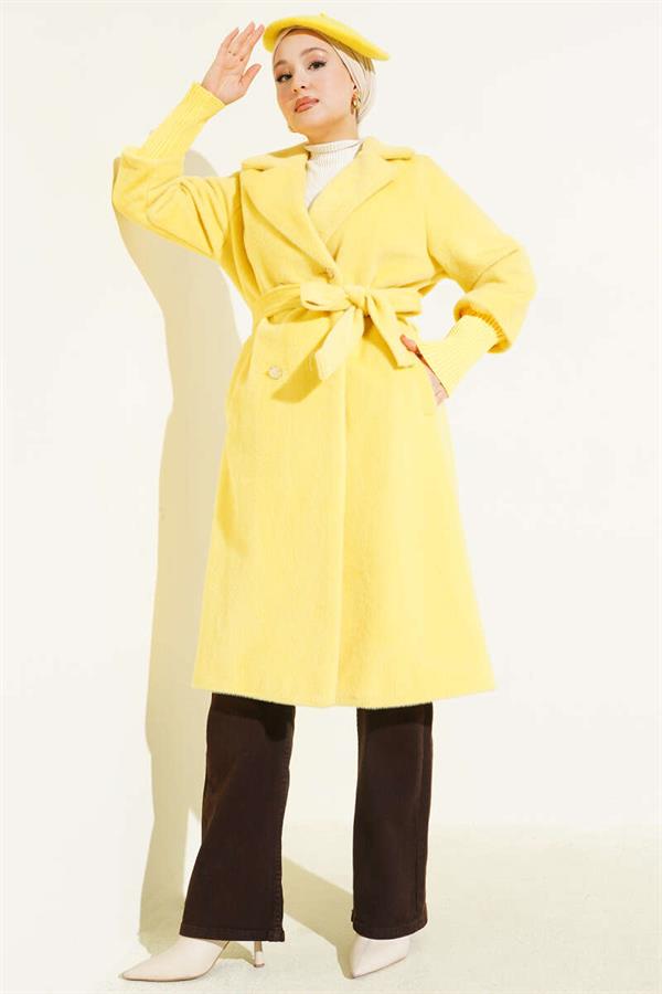 Ribbed Sleeve Belted Colt Feather Coat Yellow