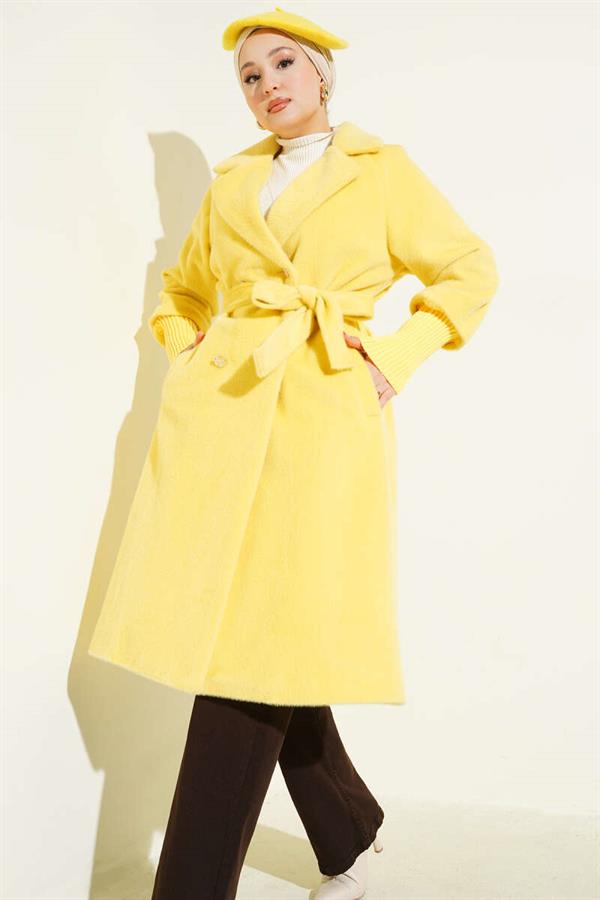 Ribbed Sleeve Belted Colt Feather Coat Yellow