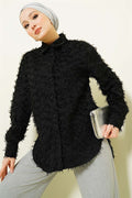 Black Shirt with Ribbed Sleeves and Beard