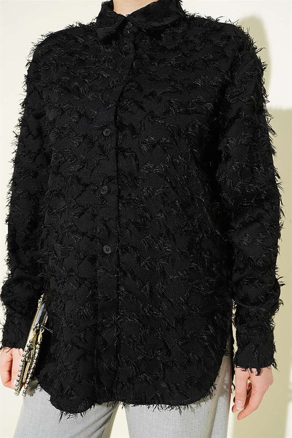 Black Shirt with Ribbed Sleeves and Beard