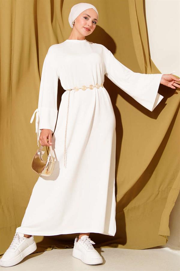 Ecru Dress with Lace Detail at the Sleeve Ends