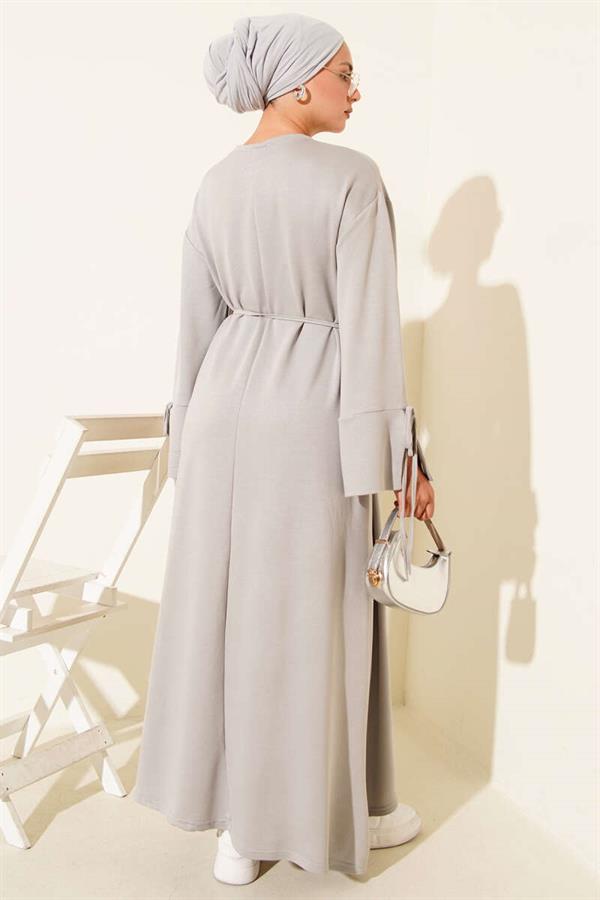 Gray Dress with Lace Detail on the Sleeves
